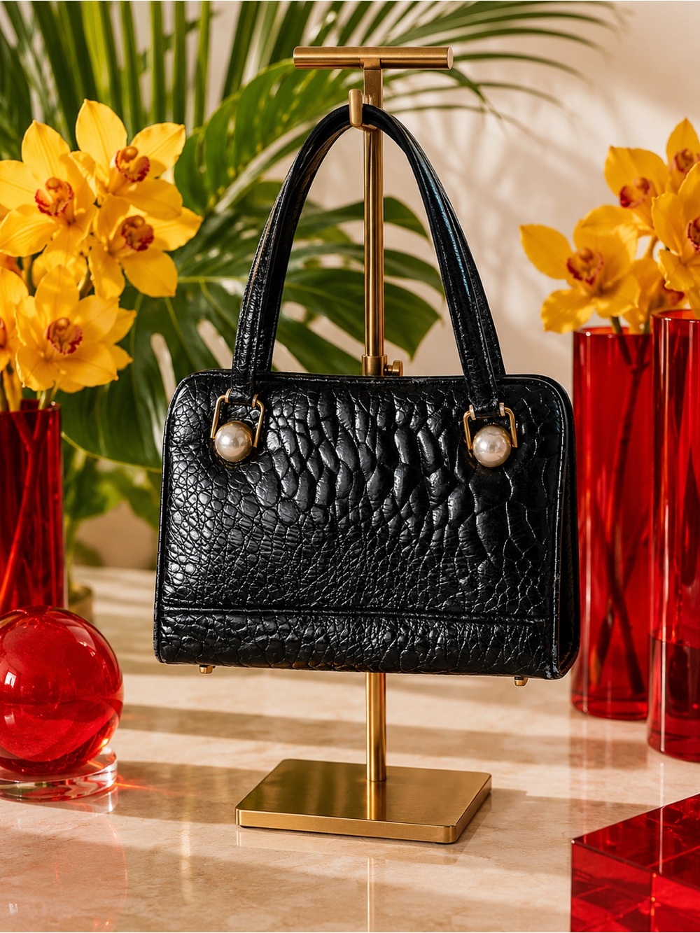 Vintage Genuine Black Alligator Leather Top Handle Handbag | Structured Frame - Picture 4 of 9